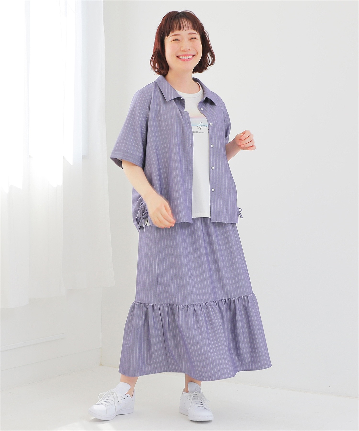 【LL～6L】【WEB/一部店舗限定】 ストライプ ギャザーヘム スカート