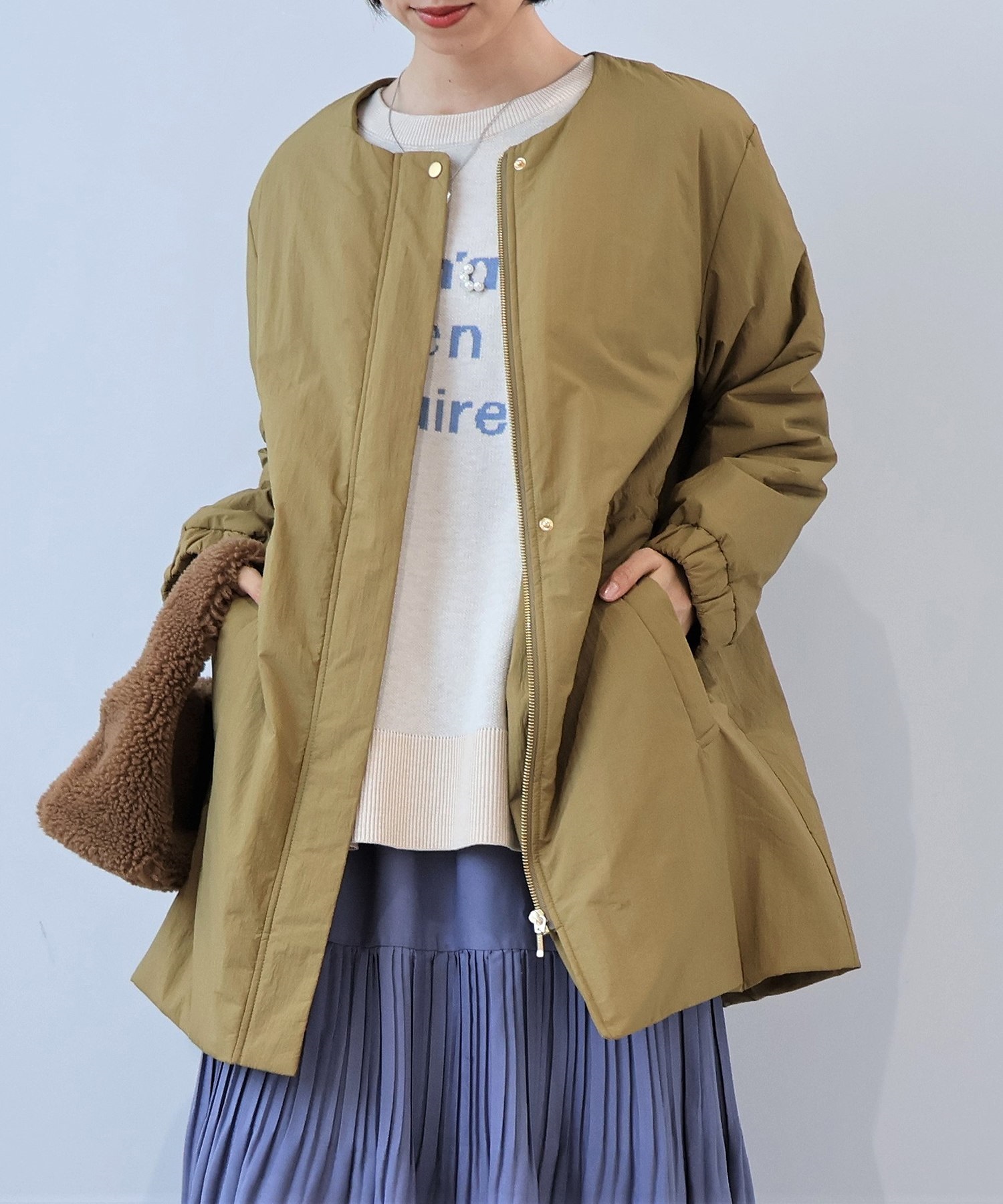【L～５L】ノーカラーライト中綿コート(83キャメル-Ｌ-0345103-83-032)