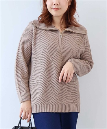 【L～5L】ハーフジップ ニット プルオーバー(81チャ-ＬＬ-0345540-81-033)