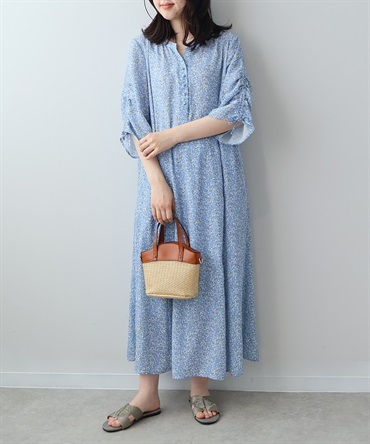 【L～5L】花柄 ドロストスリーブ ワンピース(71ブルー-ＬＬ-0347103-71-033)
