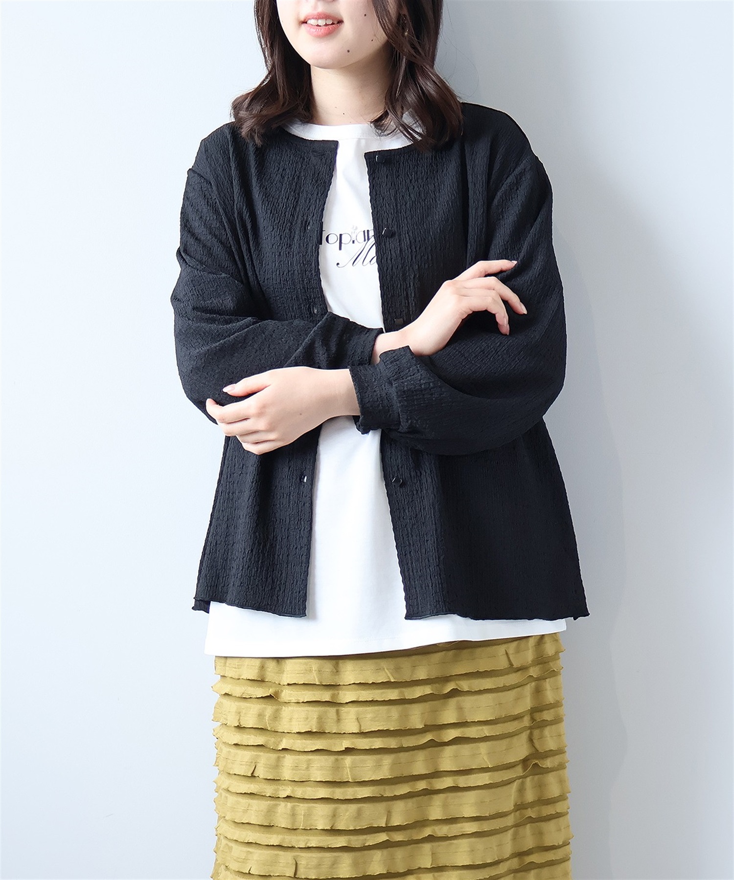 【L～5L】シャーリングニット クルーネック カーディガン(00クロ-Ｌ-0347522-00-032)