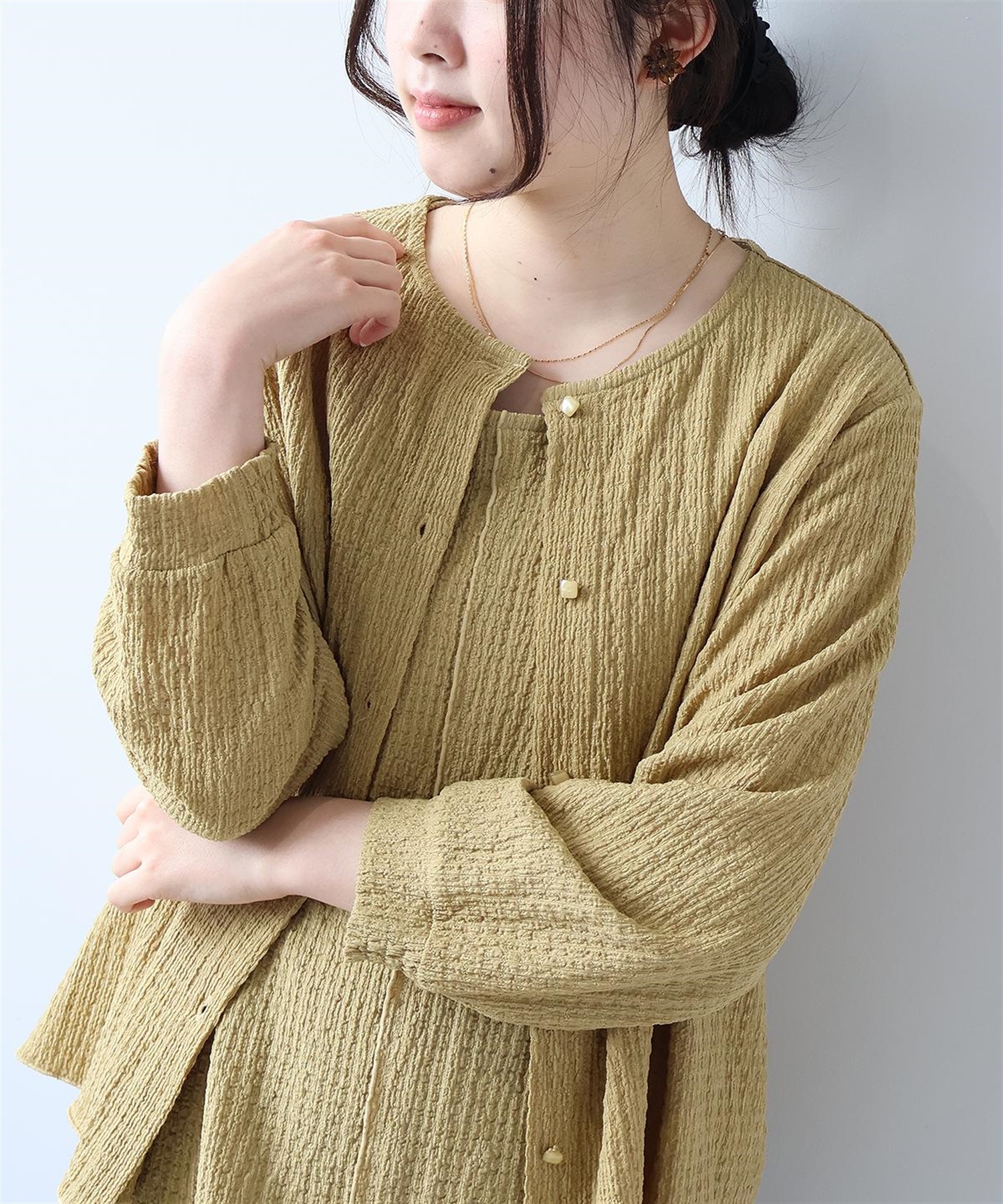 【L～5L】シャーリングニット クルーネック カーディガン(61グリーン-Ｌ-0347522-61-032)