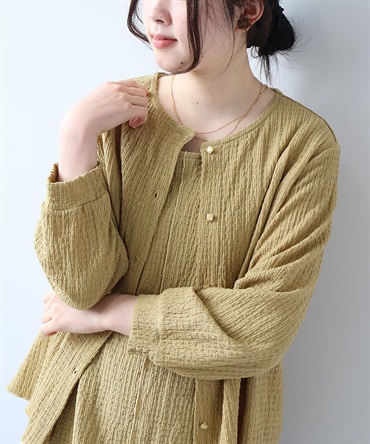 【L～5L】シャーリングニット クルーネック カーディガン(61グリーン-５Ｌ-0347522-61-041)
