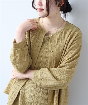 【L～5L】シャーリングニット クルーネック カーディガン