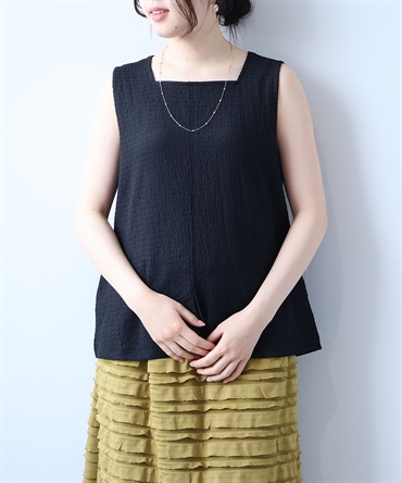 【L～5L】シャーリングニット スクエアネック タンクトップ(00クロ-５Ｌ-0347523-00-041)