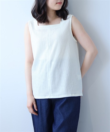 【L～5L】シャーリングニット スクエアネック タンクトップ(52クリーム-Ｌ-0347523-52-032)