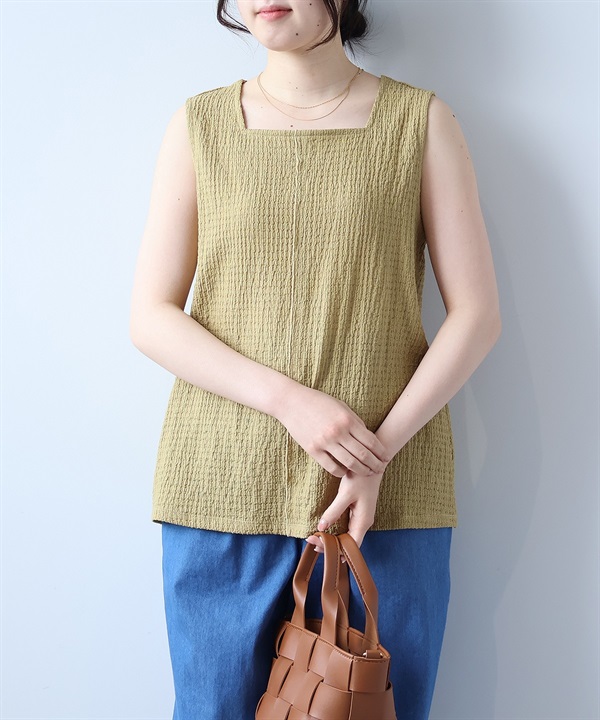 【L～5L】シャーリングニット スクエアネック タンクトップ