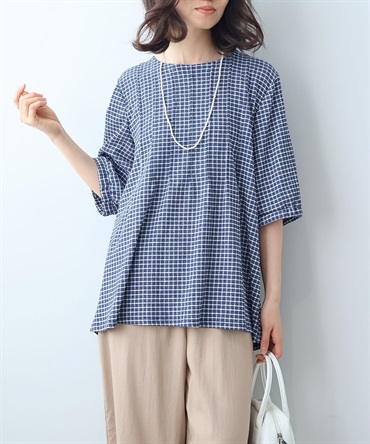 【Ｌ～5L】シャーリングギンガム タック プルオーバー(70コン-５Ｌ-0347525-70-041)