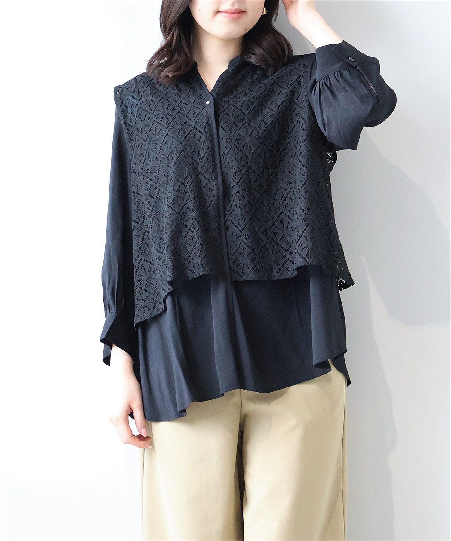 【L～5L】レース レイヤード バンドカラーブラウス(00クロ-Ｌ-0347616-00-032)