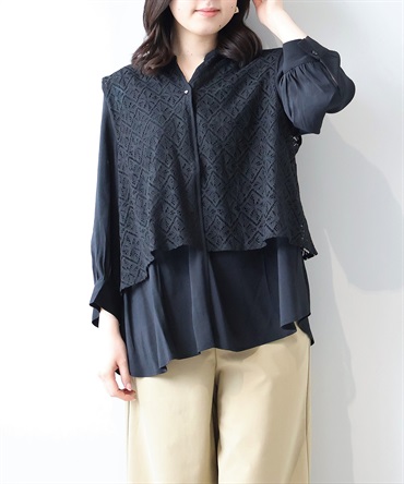 【L～5L】レース レイヤード バンドカラーブラウス(00クロ-３Ｌ-0347616-00-035)