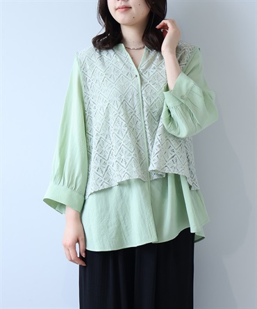 【L～5L】レース レイヤード バンドカラーブラウス(61グリーン-５Ｌ-0347616-61-041)