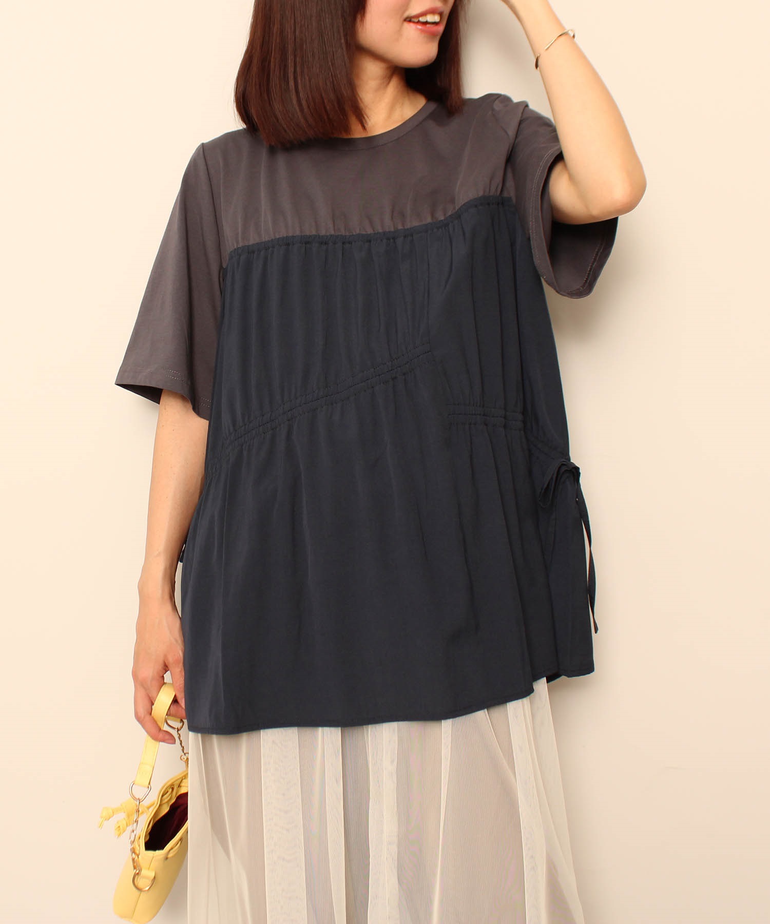 【L～５L】異素材 切替 ギャザー カットソー(70コン-Ｌ-0348504-70-032)