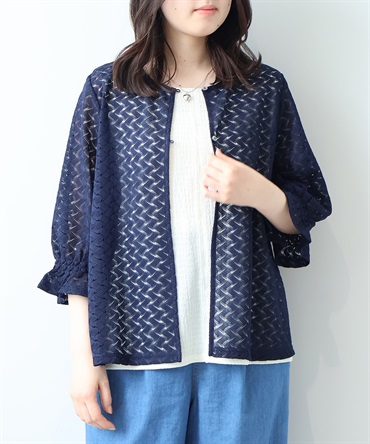 【L～５L】幾何学柄 レース カーディガン(70コン-４Ｌ-0348507-70-040)