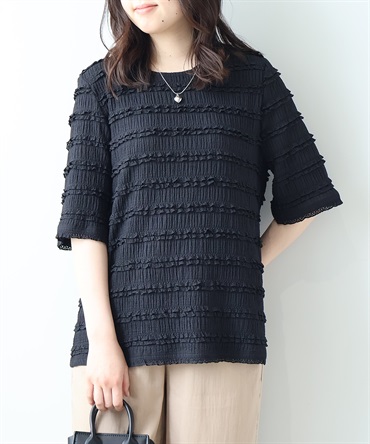 【L～5L】レース フリル ジャガード プルオーバー カットソー(00クロ-３Ｌ-0348508-00-035)