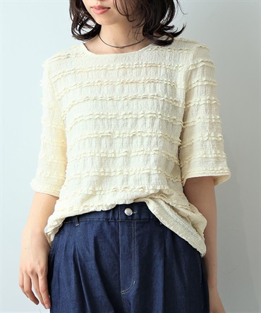 【L～5L】レース フリル ジャガード プルオーバー カットソー(51イエロー-３Ｌ-0348508-51-035)