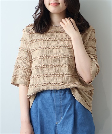 【L～5L】レース フリル ジャガード プルオーバー カットソー(82ベージュ-３Ｌ-0348508-82-035)
