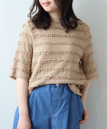【L～5L】レース フリル ジャガード プルオーバー カットソー