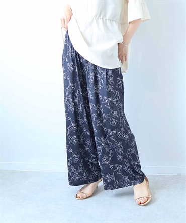 【L～５L】【接触冷感】単色花柄イージーワンドパンツ(00クロ-３Ｌ-0348803-00-035)