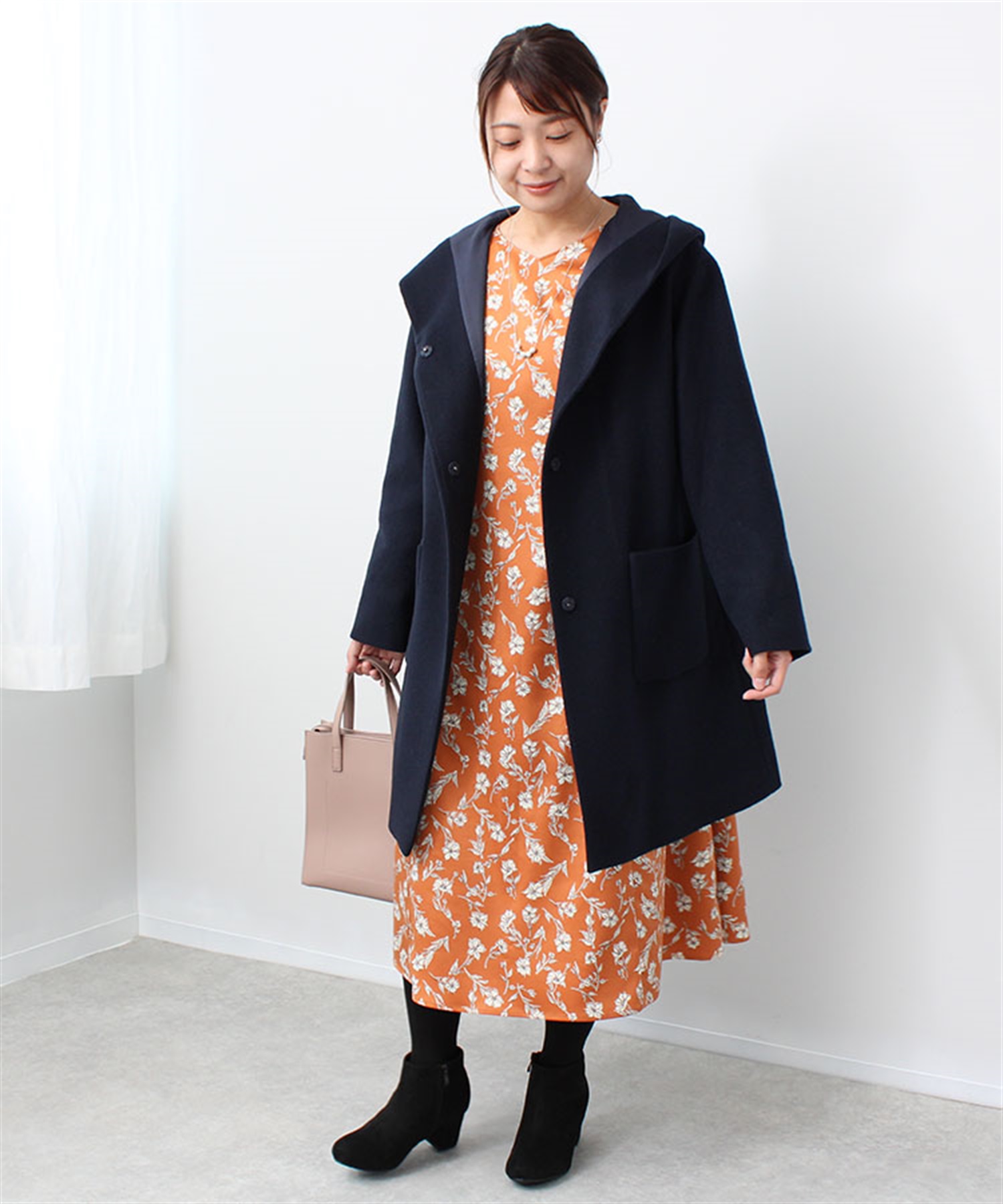 【M～５L】ウール混 フーテッド コート(70コン-Ｍ-0360141-70-031)