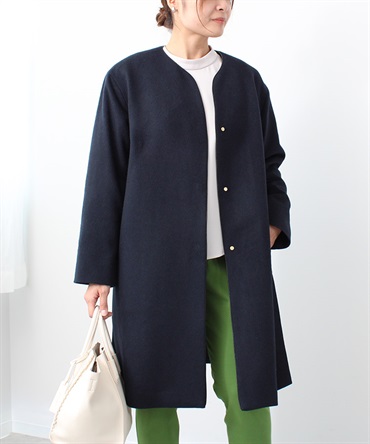 【M～５L】ウール混 ノーカラー パイピング コート(70コン-３Ｌ-0360142-70-035)