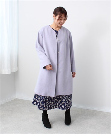 【M～５L】ウール混 ノーカラー パイピング コート