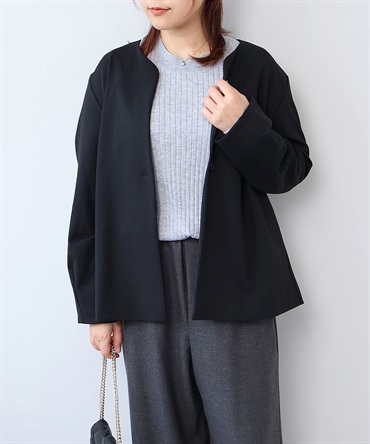 【L～5L】ポンチ ノーカラー カーディガン ジャケット(00クロ-４Ｌ-0360338-00-040)