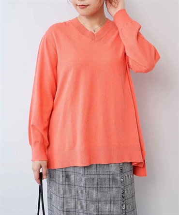 【L～5L】ラメ ニット Vネック サイドスリット プルオーバー(41オレンジ-５Ｌ-0360487-41-041)