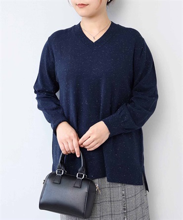 【L～5L】ラメ ニット Vネック サイドスリット プルオーバー(70コン-Ｌ-0360487-70-032)