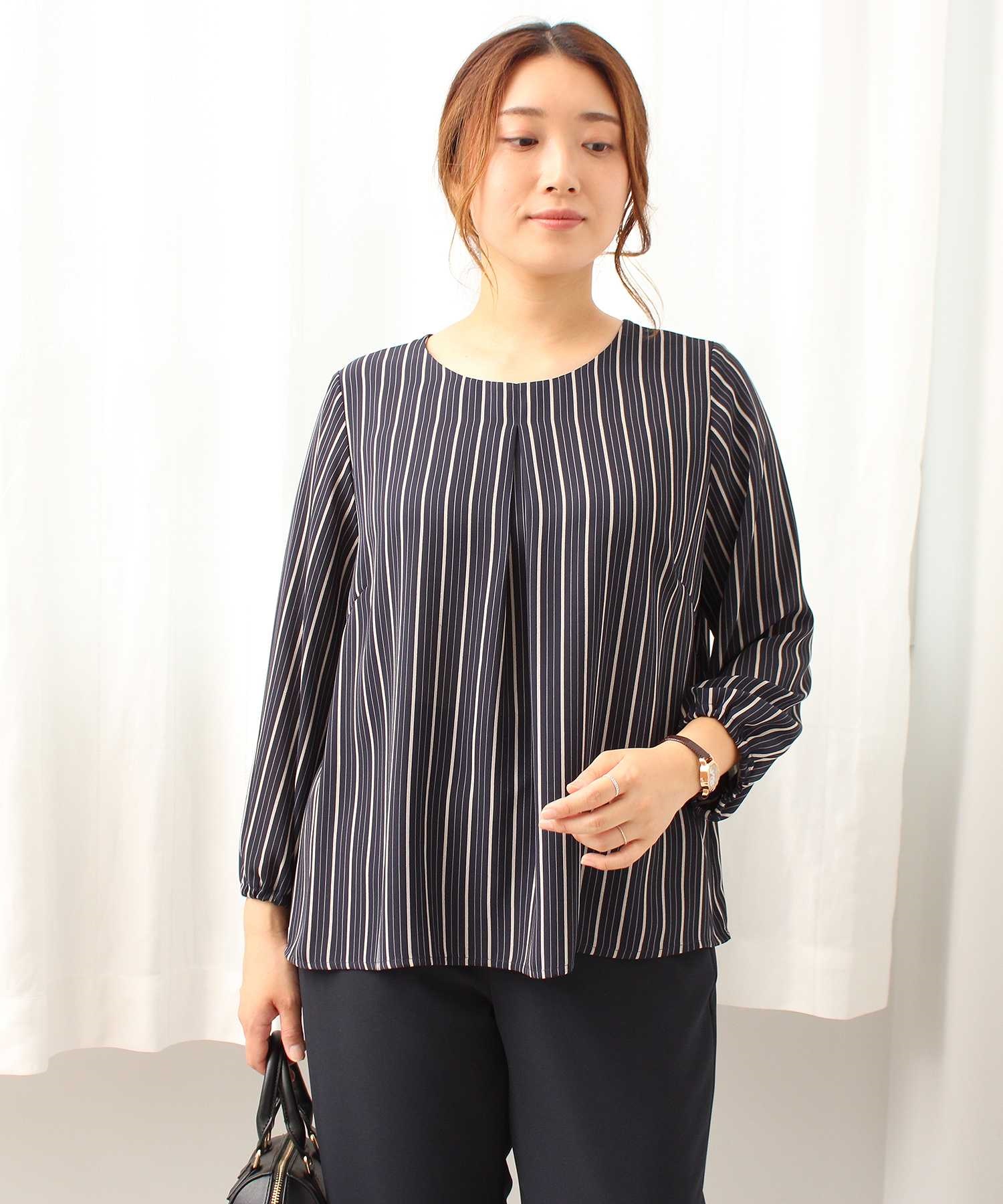 【L～5L】ストライプ フロント タック ブラウス(70コン-Ｌ-0360664-70-032)