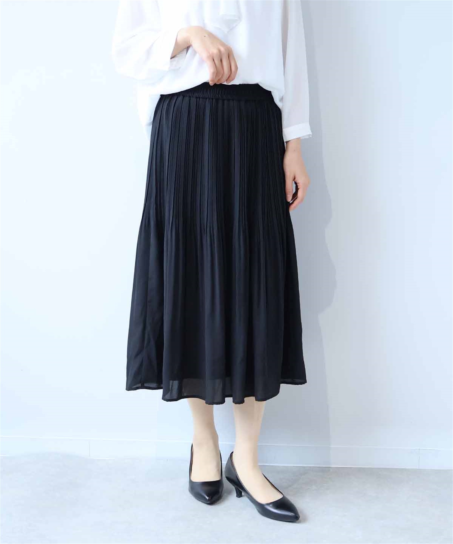 【L～6L】ジョーゼット プリーツスカート(00クロ-Ｌ-0361711-00-032)