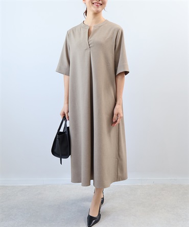 【L～5L】リネンライク スキッパー ワンピース(63カーキ-Ｌ-0362114-63-032)