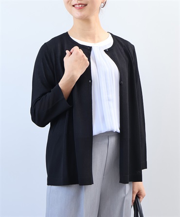 【L～５L】【接触冷感】　シャイニーヤーン クルーネック カーディガン(00クロ-４Ｌ-0362478-00-040)