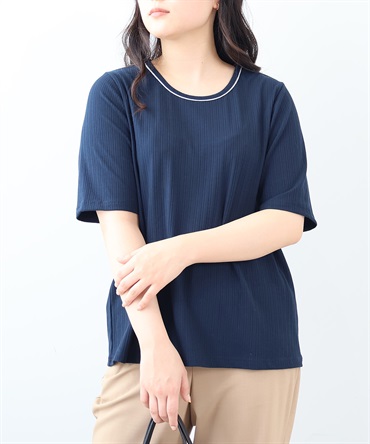 【L～5L】パイピングネック ランダムテレコ プルオーバー(70コン-Ｌ-0362479-70-032)