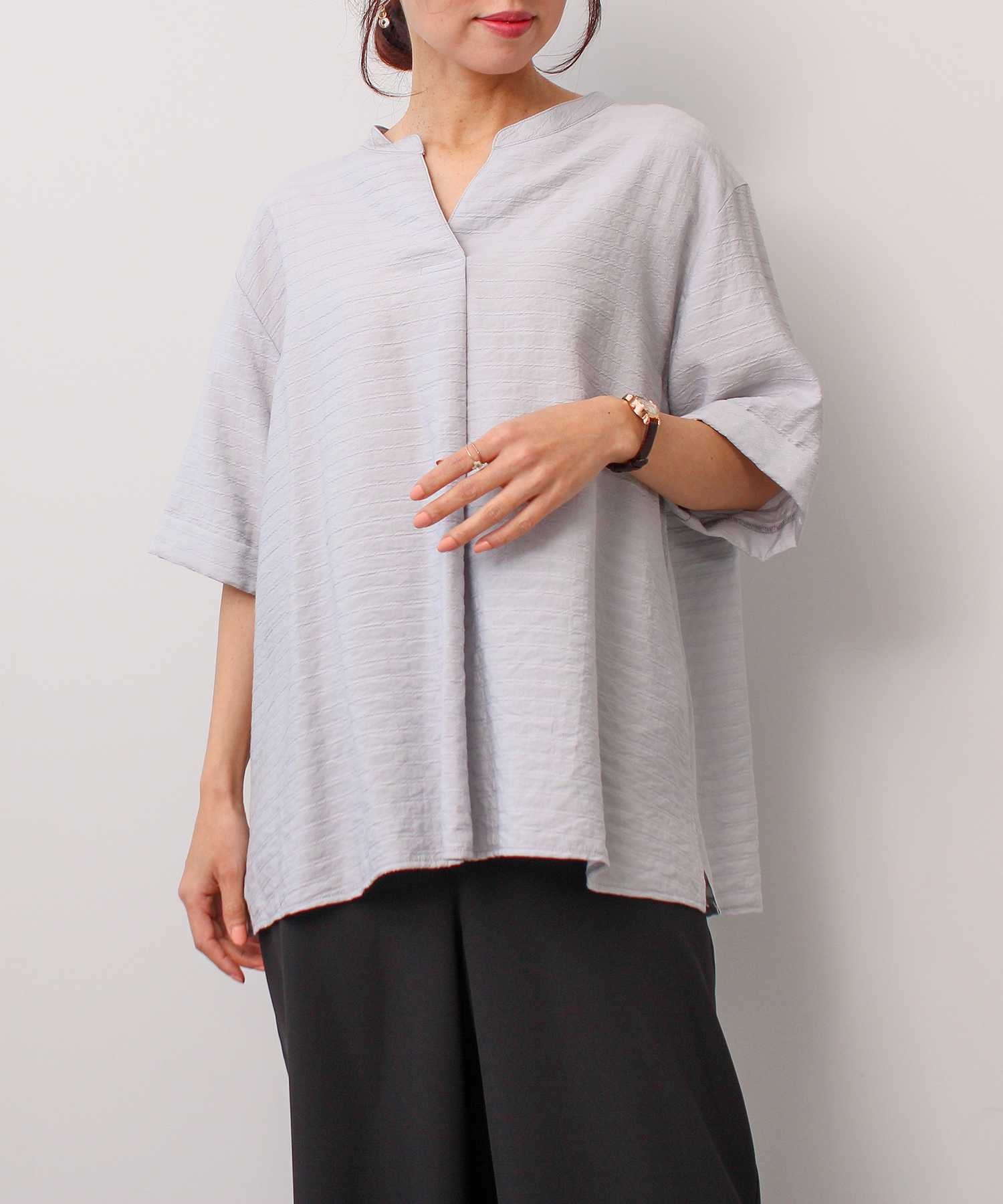 【L～5L】ドビー ボーダー スキッパー ブラウス(11グレー-Ｌ-0362602-11-032)