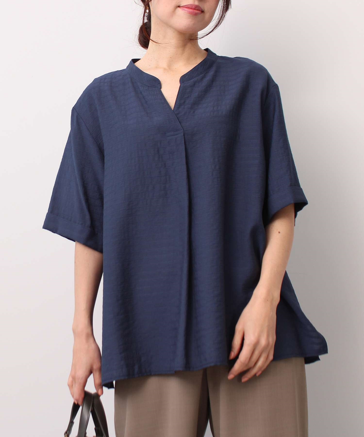 【L～5L】ドビー ボーダー スキッパー ブラウス(70コン-Ｌ-0362602-70-032)