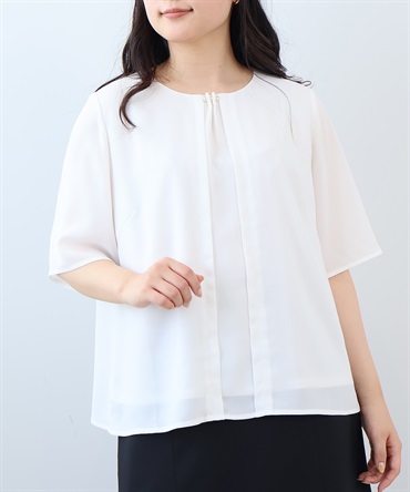 【L～6L】ジャーゼット パール付 フロントタックブラウス(01オフ-５Ｌ-0362607-01-041)