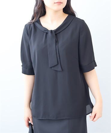 【L～6L】ジョーゼット ボウタイブラウス(00クロ無地-５Ｌ-0362608-00-041)