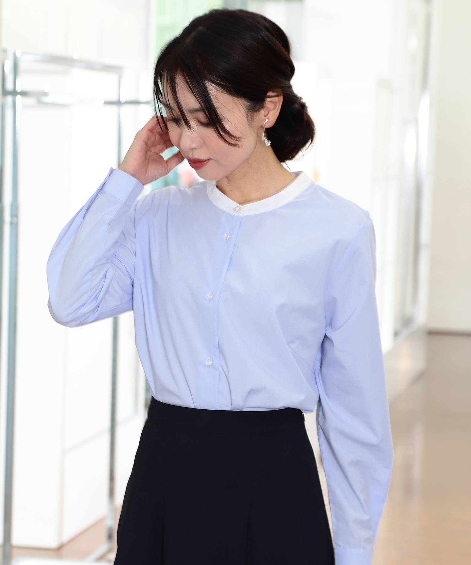 【L～５L】バンドカラー クレリック シャツ(71ブルー-Ｌ-0362696-71-032)