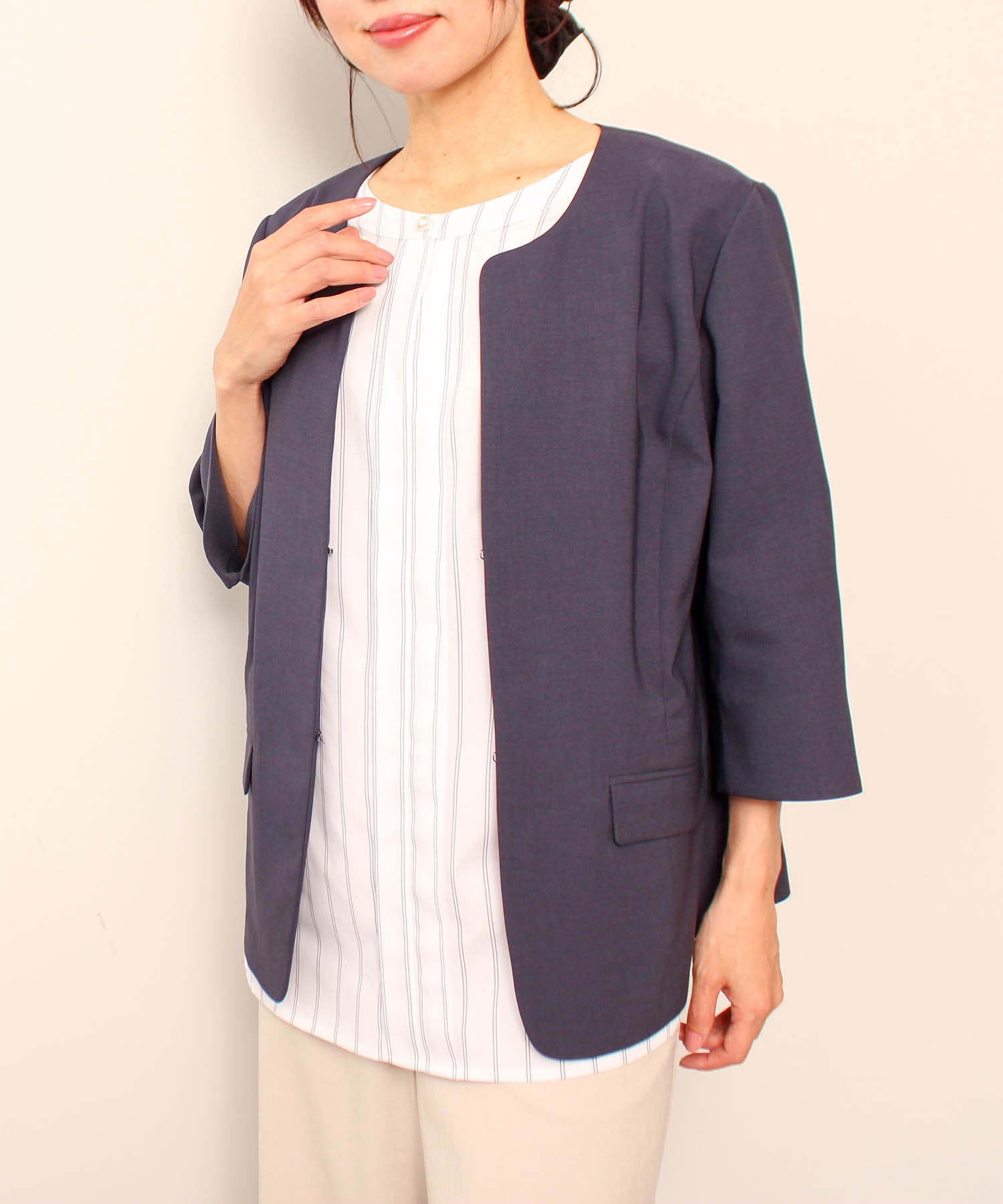 （L～5L）【多機能】 リネンライク ノーカラー ジャケット(70コン-Ｌ-0363311-70-032)
