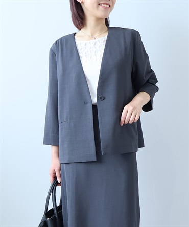 【L～５L】【イージーケア・速乾】 麻調ドビー ノーカラー ジャケット(10チャコールグレー-Ｌ-0363313-10-032)