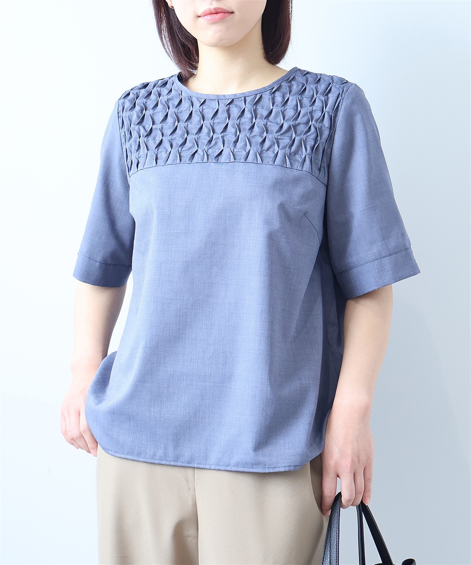【L～５L】【接触冷感】 ピンヘッド フロントタック ブラウス(70コン-Ｌ-0363683-70-032)