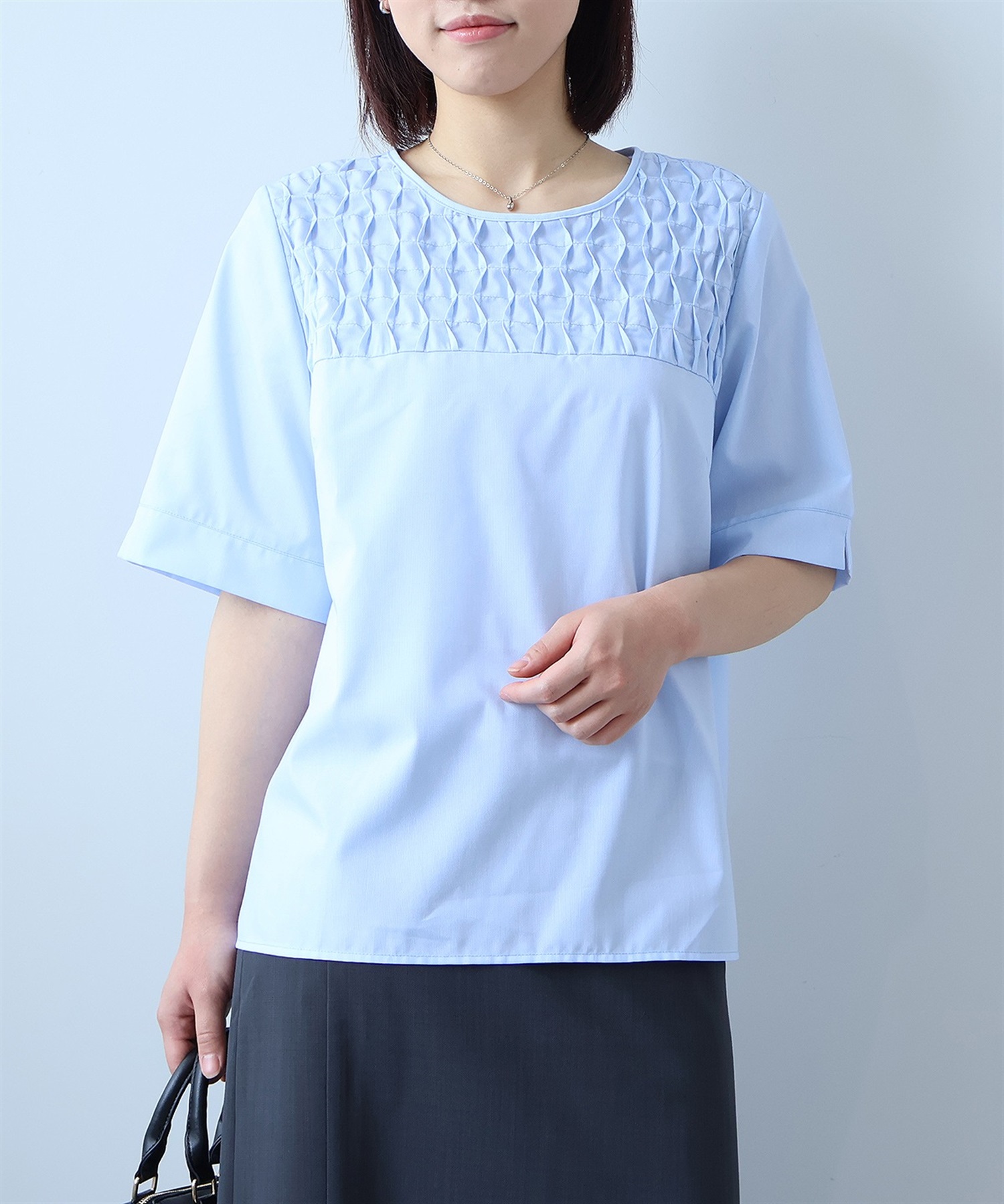 【L～５L】【接触冷感】 ピンヘッド フロントタック ブラウス(71ブルー-Ｌ-0363683-71-032)
