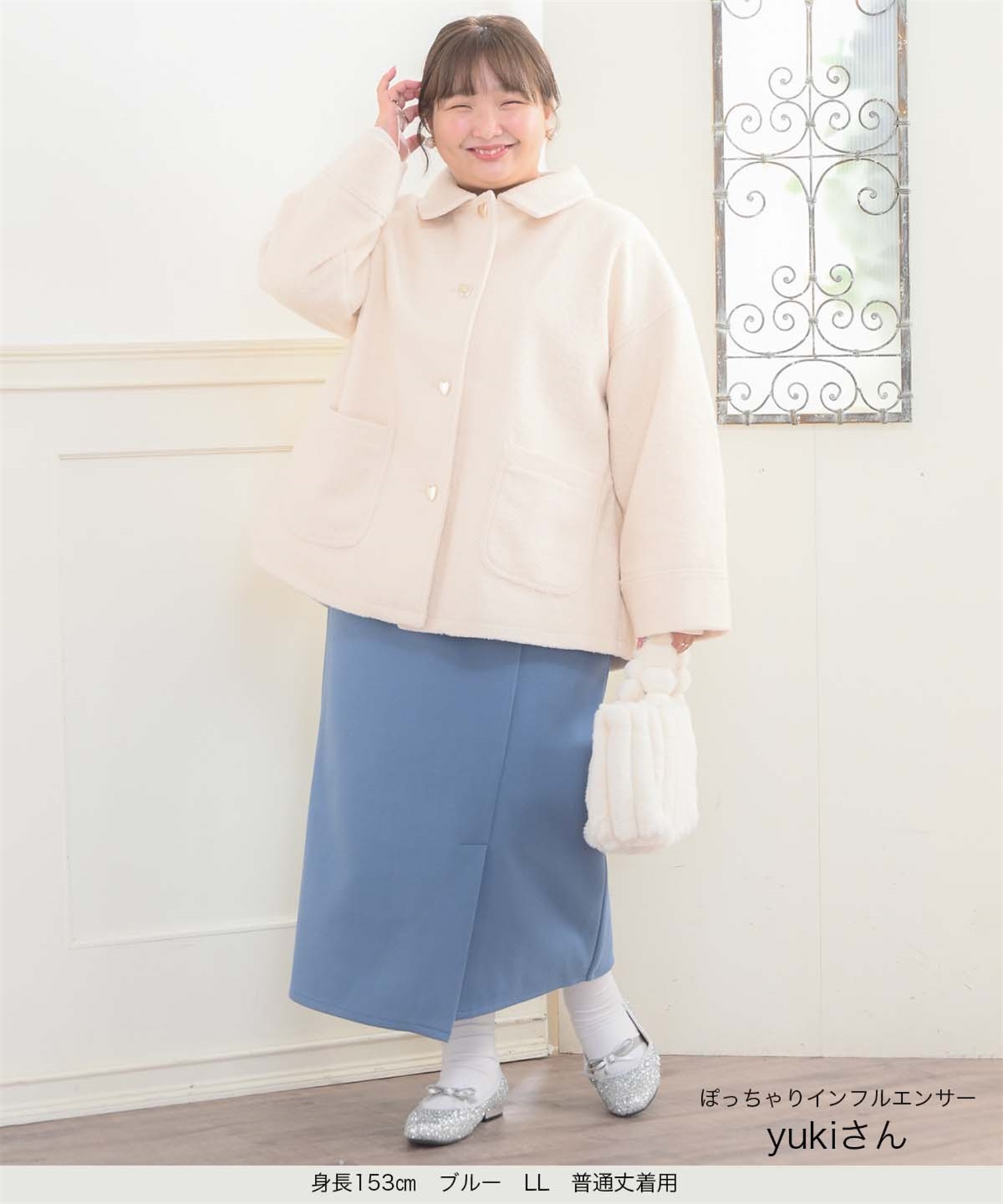 【L～4L】ハートボタンラップ風スカート(71ブルー（普通丈）-Ｌ-0365739-71-032)