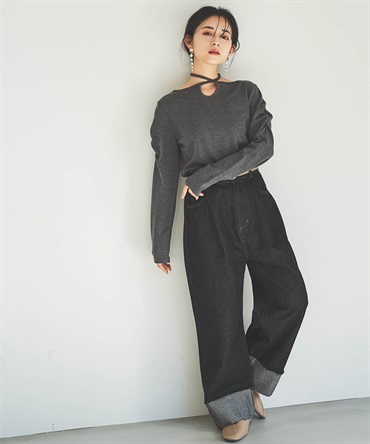 ロールアップ ワイドデニムパンツ(00ブラック-S-Regular-0585083-00-495)