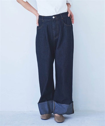 ロールアップ ワイドデニムパンツ(70ネイビー-M-Short-0585083-70-492)