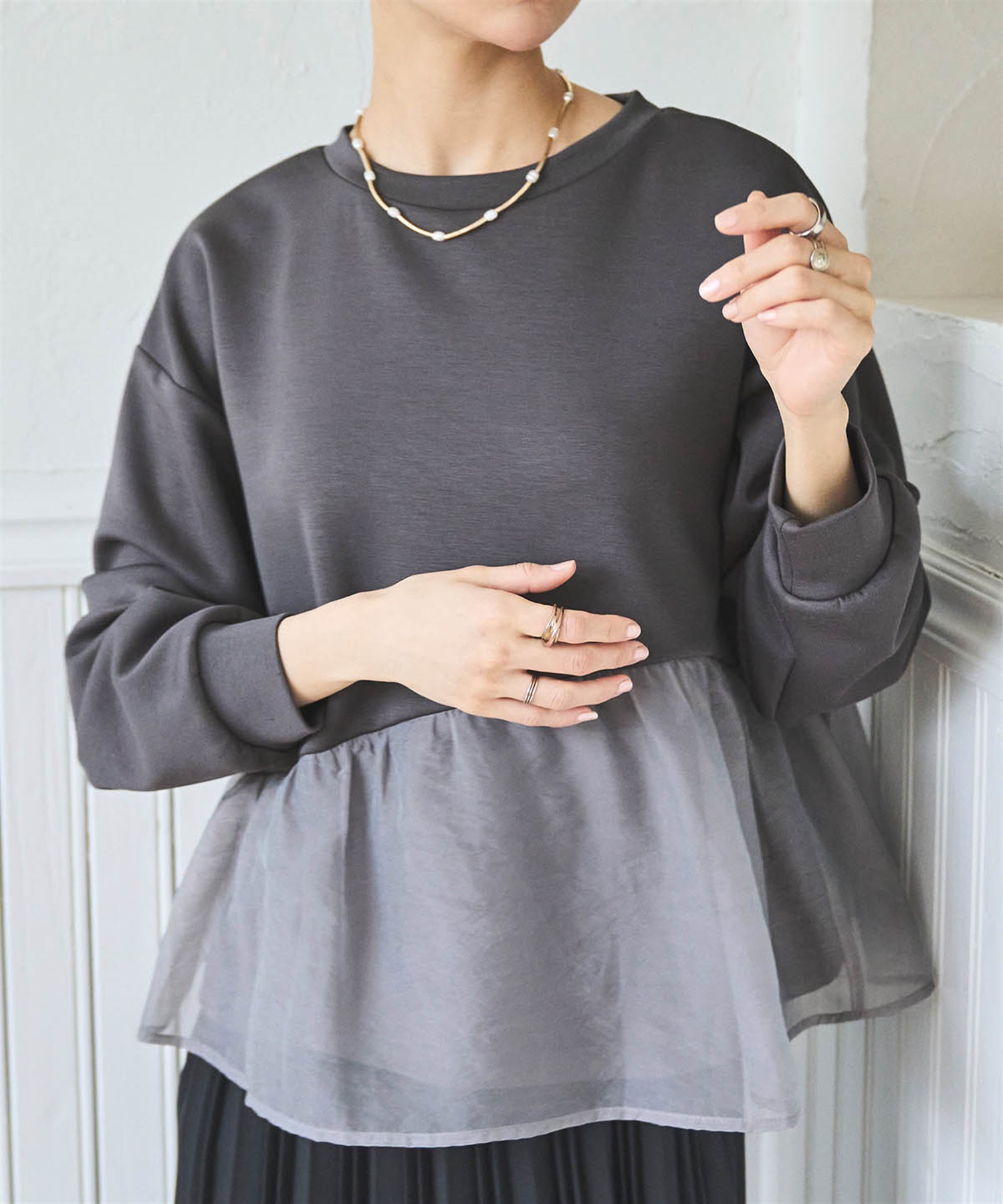 オーガンジー ペプラム切替レイヤードトップス(10チャコールグレー-ＸＳ-0586081-10-028)