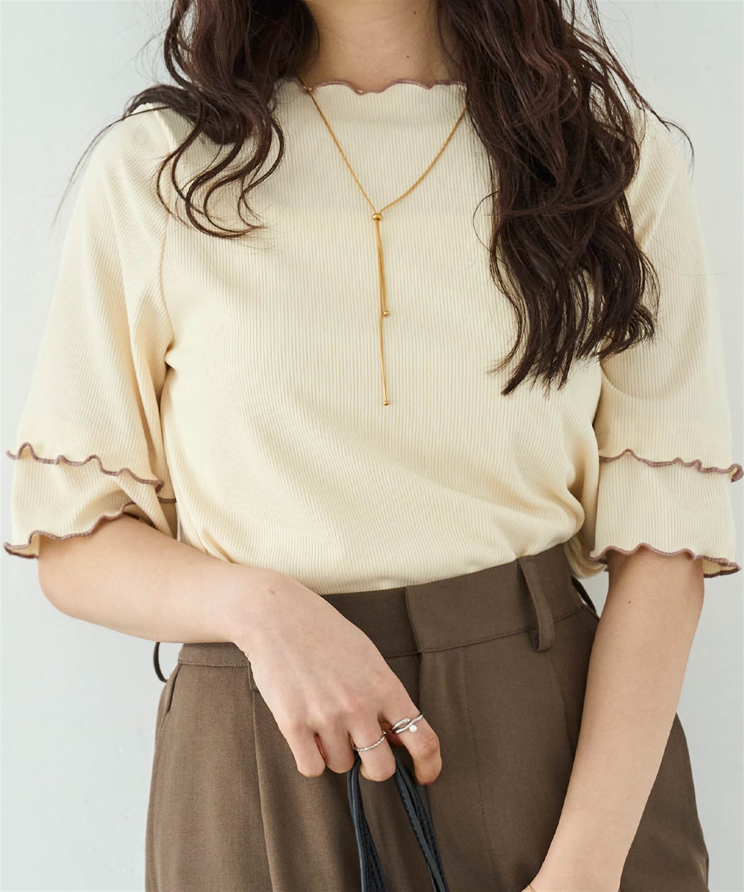 前後2way 配色メロウ半袖（5分袖）トップス(01アイボリー-ＯＮＥ　ＳＩＺＥ-0587095-01-498)