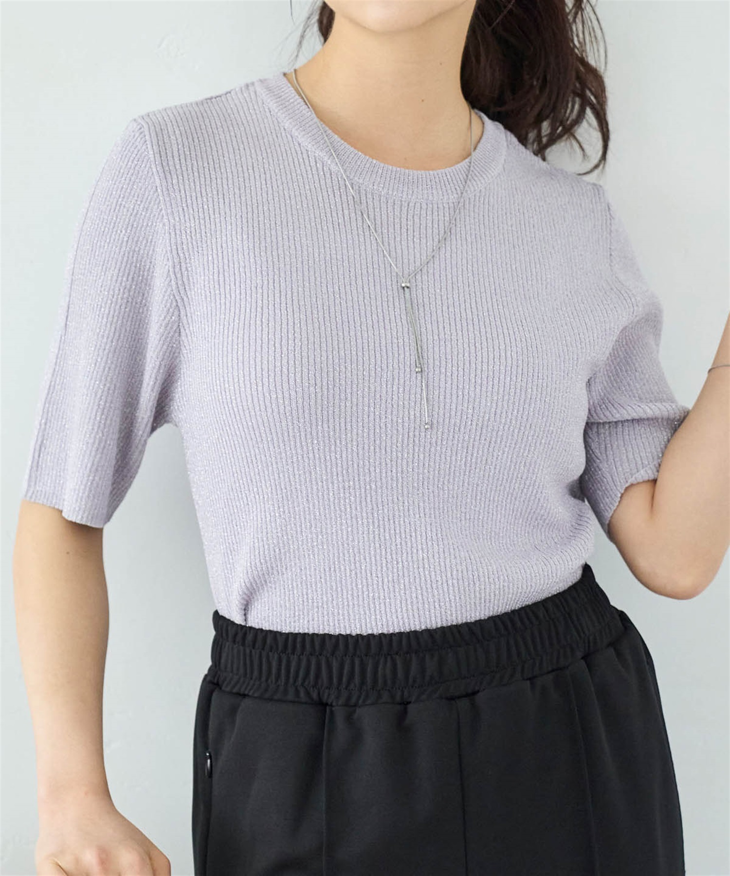ラメリブ 半袖クルーネックニット(22ラベンダーアッシュ-ＯＮＥ　ＳＩＺＥ-0587100-22-498)