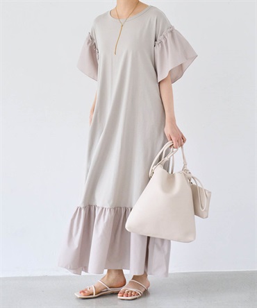 異素材切替え リラックスカットワンピース(12グレージュ-Ｓ-0587104-12-030)