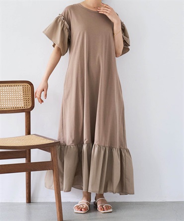 異素材切替え リラックスカットワンピース(85モカ-ＸＳ-0587104-85-028)